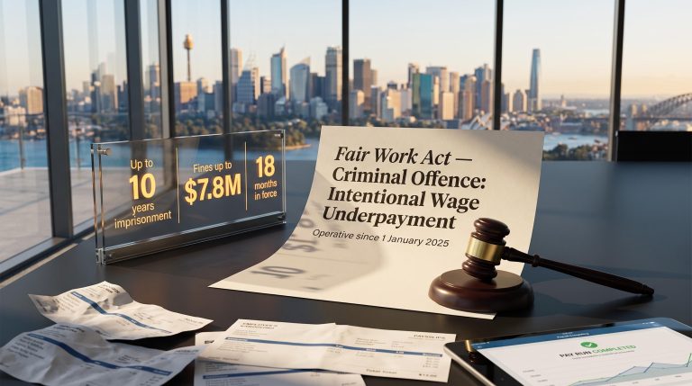 Legal document citing Fair Work Act criminal wage underpayment law with 10-year imprisonment penalty panel