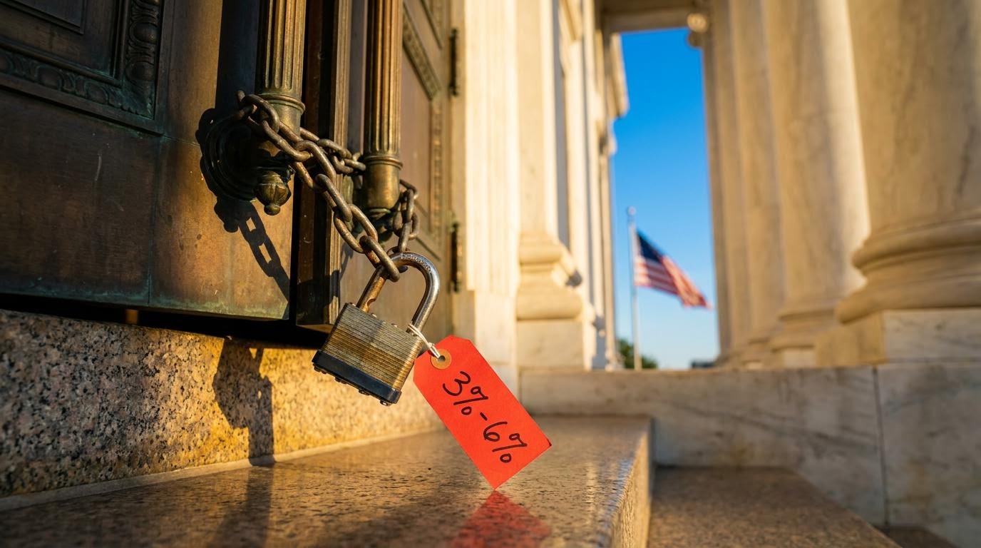 Open padlock still chained on a Washington government door, symbolising the Fannie Mae Freddie Mac release debate