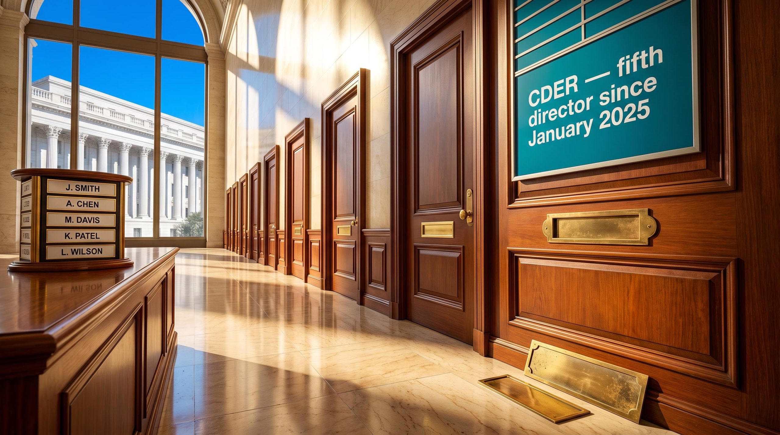 Empty director nameplate on a federal corridor door beside a board noting CDER's fifth director, showing FDA leadership turnover