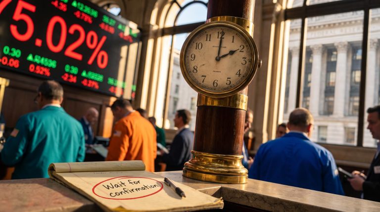 Trading floor clock and 5.02% yield ticker capture the caution needed in Fed announcement day trading