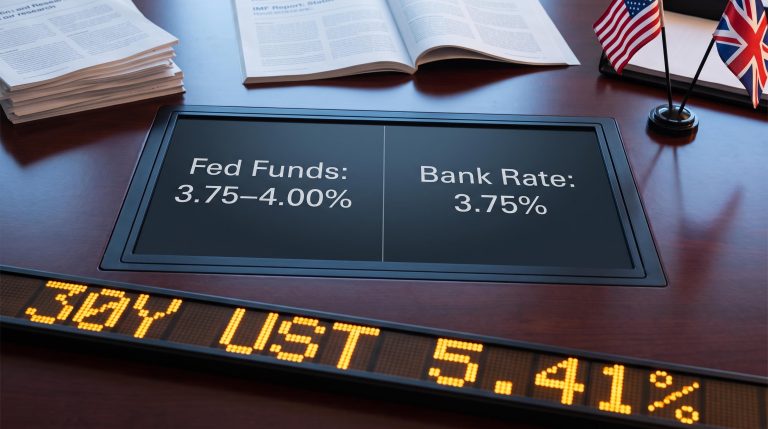 Bloomberg-style terminal showing Fed and Bank of England rate hikes with 30-year Treasury yield at 5.41%