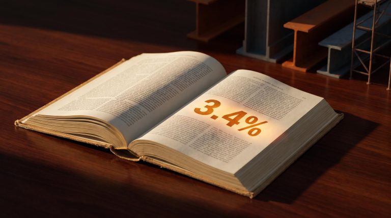 Fed Beige Book open on mahogany table with 3.4% CPI figure, industrial construction blur behind
