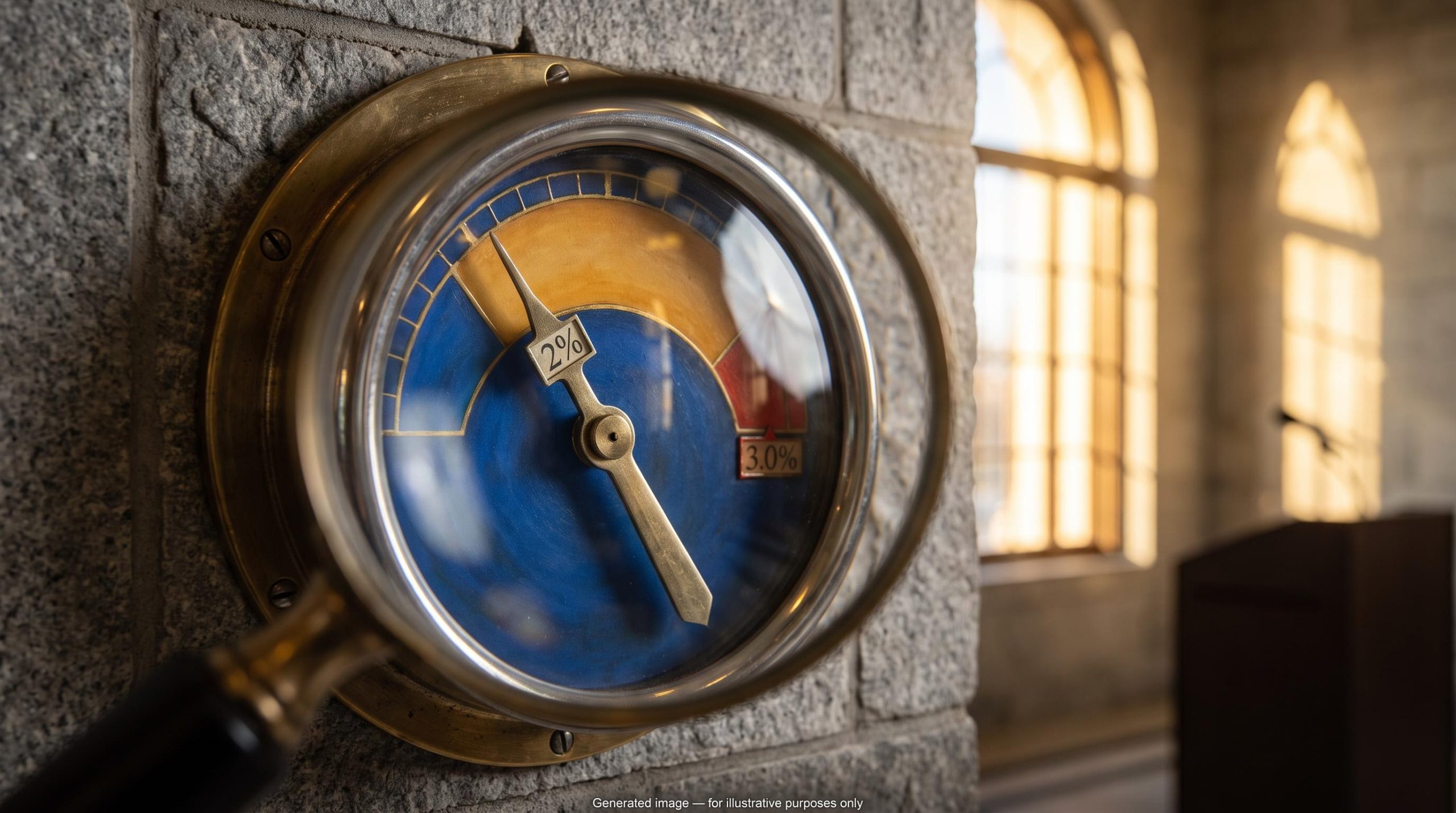 Gauge needle near 2% in a Federal Reserve hall, illustrating the Fed core PCE benchmark and the unofficial Citi yardstick