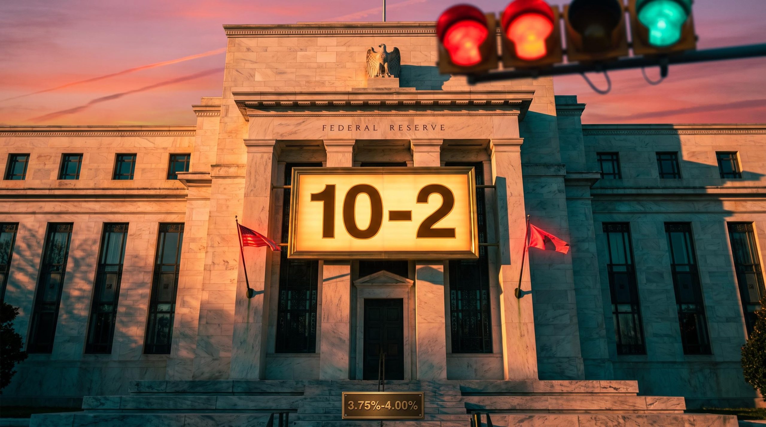 Federal Reserve-style building with glowing 10-2 sign as dissents keep a hike alive in the Fed December rate decision