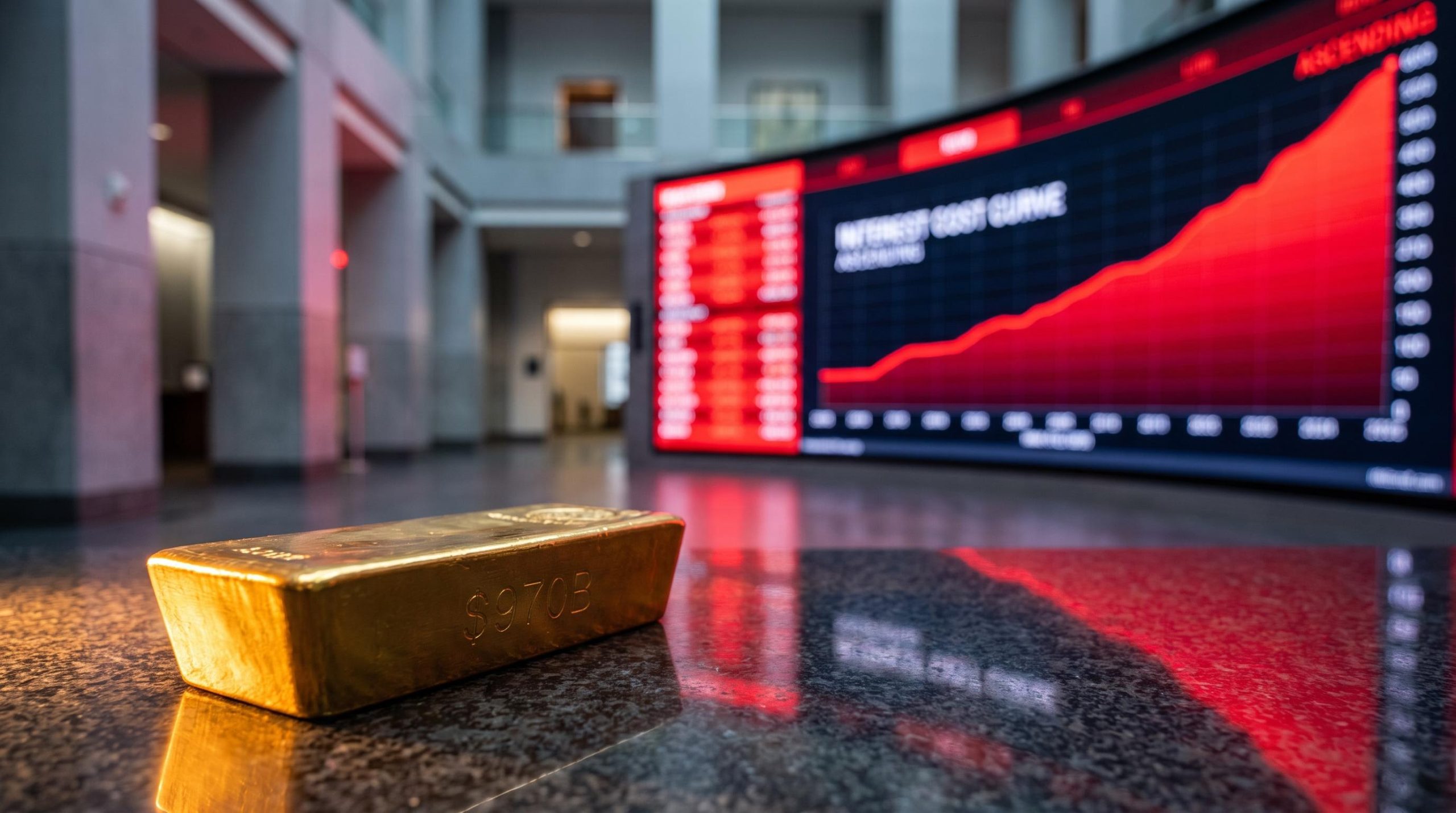 Gold bar foregrounded against a Fed interest cost screen showing $970B as fiscal dominance pressures gold silver outlook