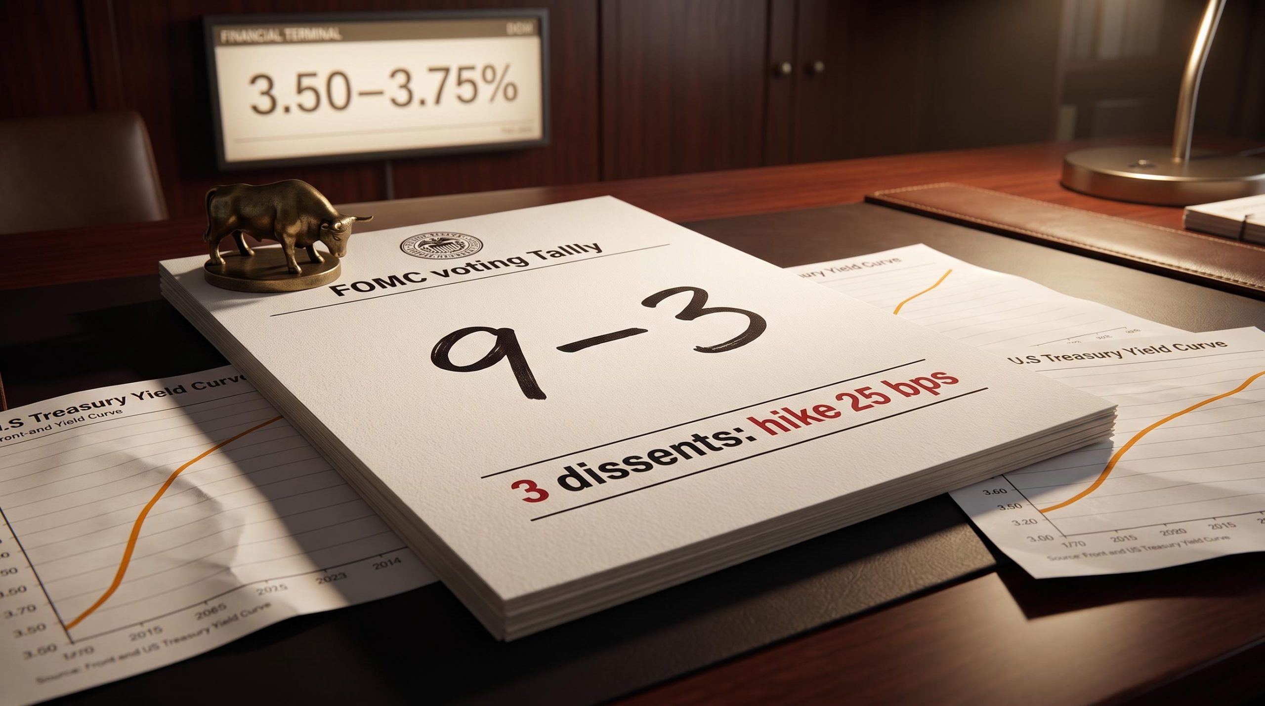 FOMC 9–3 dissent tally document with Fed funds rate 3.50–3.75% screen, Fed bond market outlook analysis