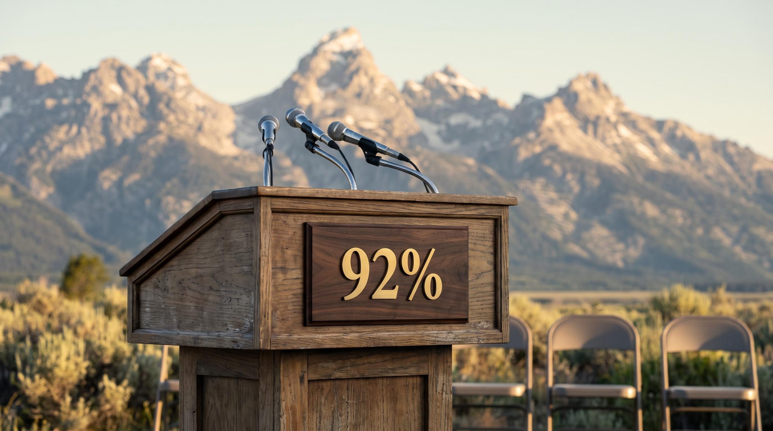 Empty Jackson Hole lectern with "92%" hike probability placard, Teton Range backdrop, Fed forward guidance analysis