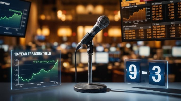 Fed podium microphone with "9-3" vote tally and "0.14 percentage points" yield move panels — forward guidance analysis