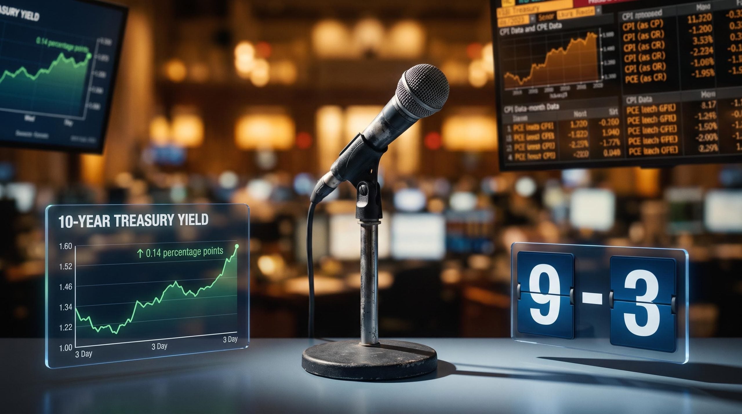 Fed podium microphone with "9-3" vote tally and "0.14 percentage points" yield move panels — forward guidance analysis