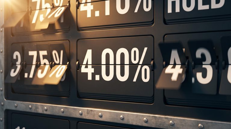 Fed funds rate split-flap board locked at 4.00% as Wall Street forecasts diverge on December hike