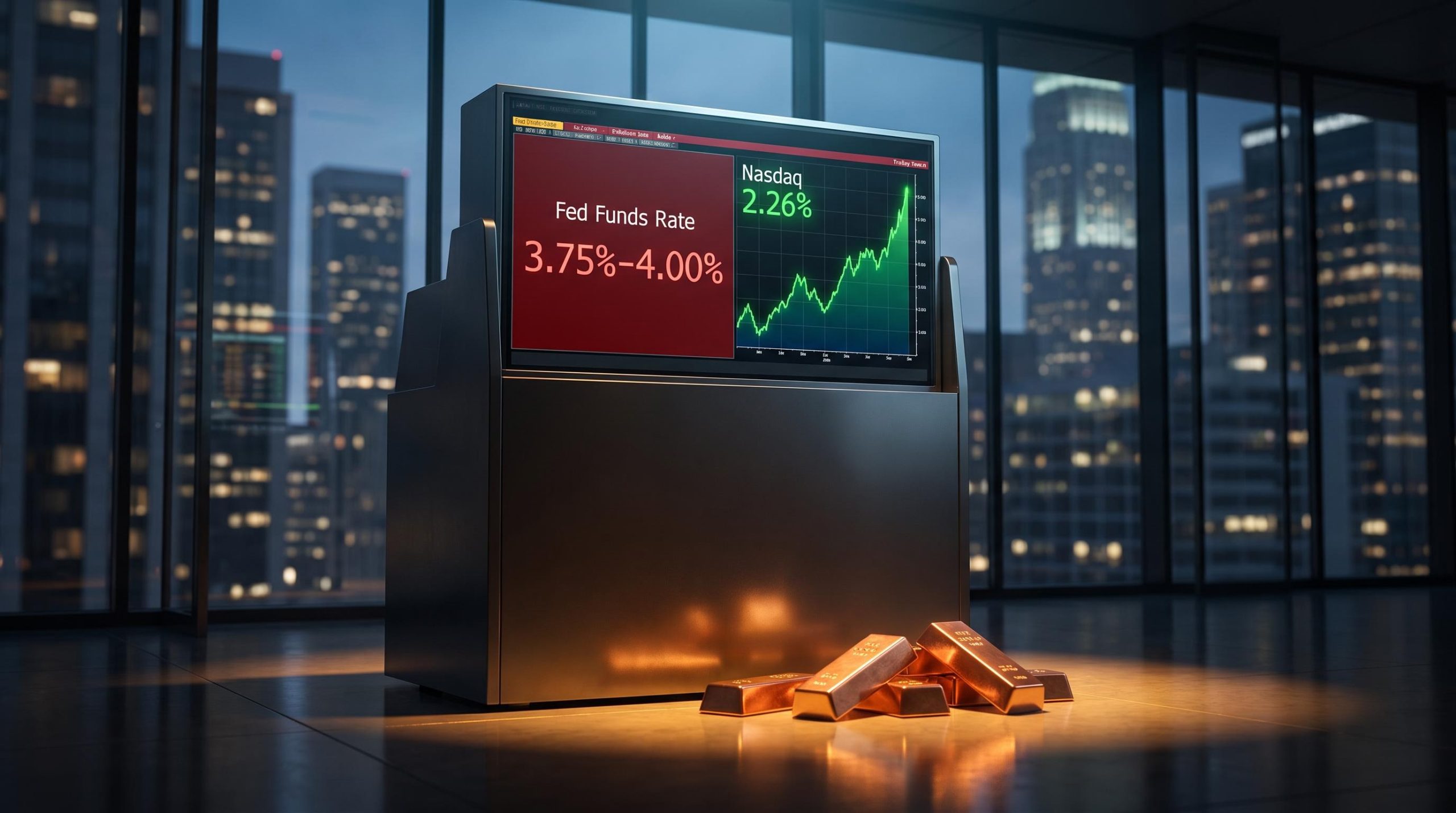 Fed rate terminal at 3.75%–4.00% beside Nasdaq 2.26% rally — hawkish policy markets contradiction