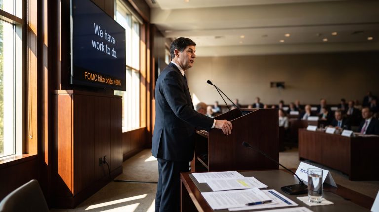 Fed Chair Warsh at Jackson Hole podium with hawkish signal driving dollar and FOMC hike odds above 50%