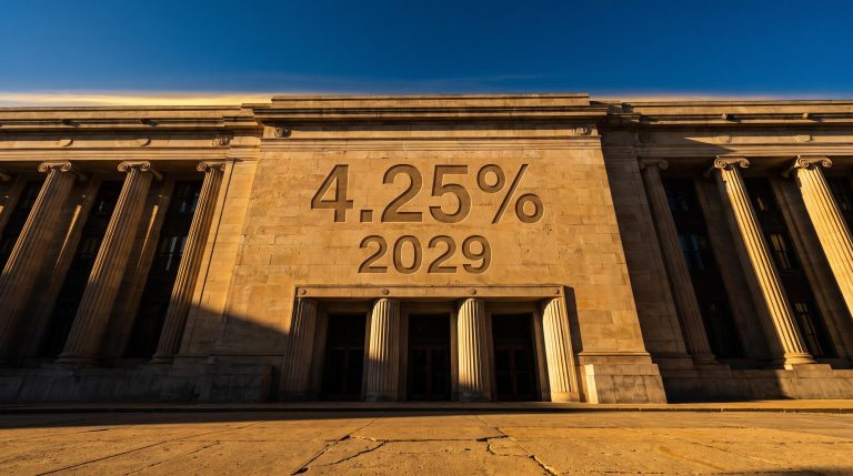 Federal Reserve facade with "4.25%" rate peak and "2029" timeline etched into stone — Fed higher for longer