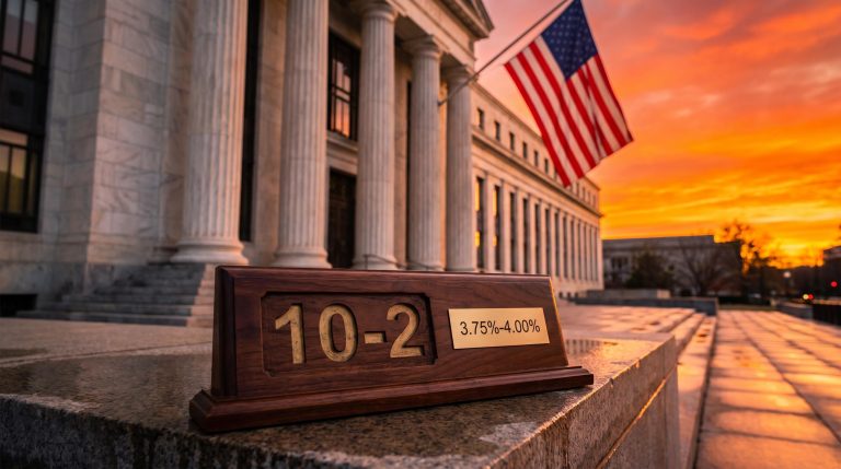 Federal Reserve building at sunset with a carved "10-2" plaque as the Fed holds rates amid two hawkish dissents