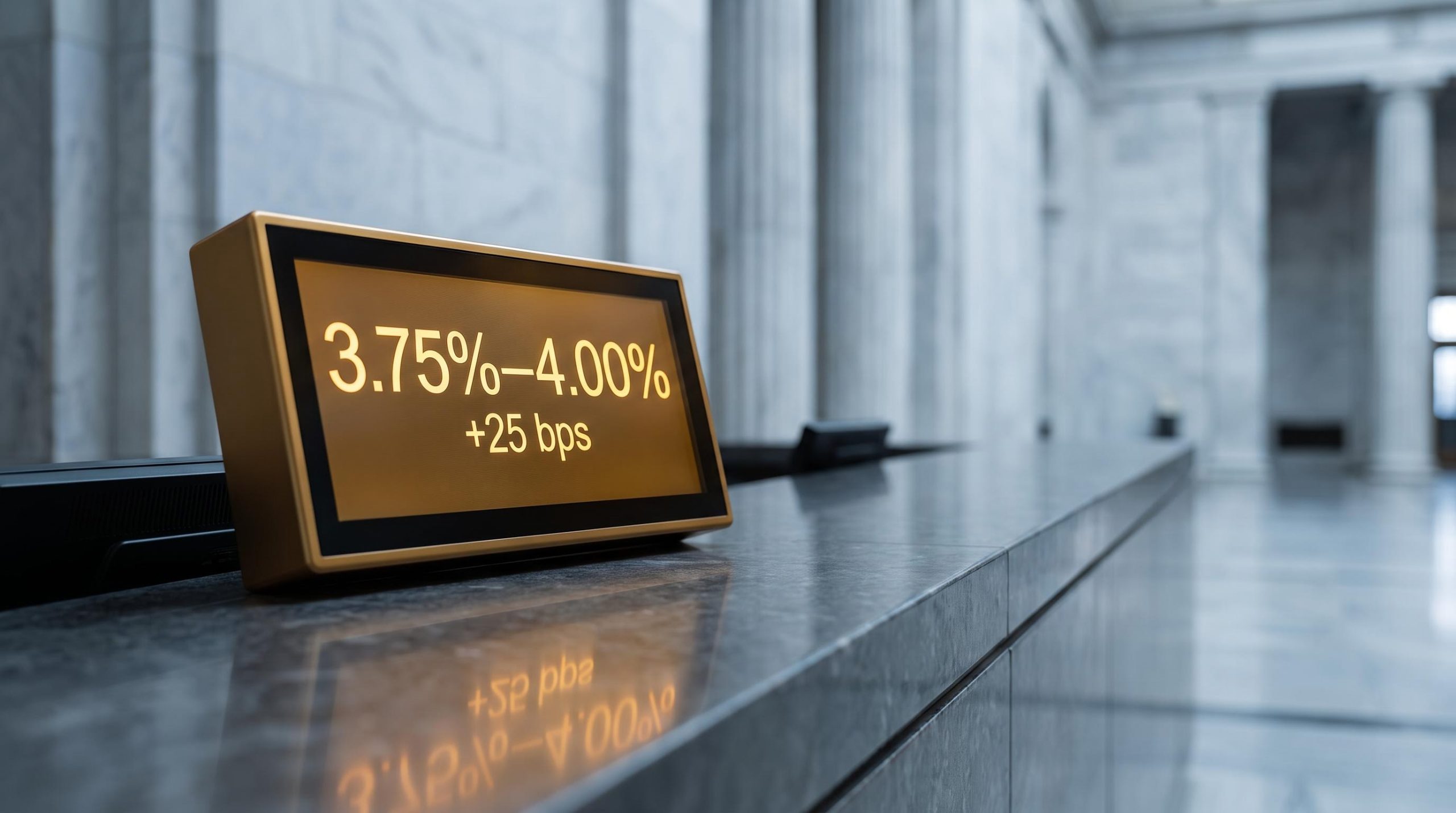 Federal Reserve rate terminal displaying 3.75%-4.00% inside marble institutional interior — Fed inflation-first strategy