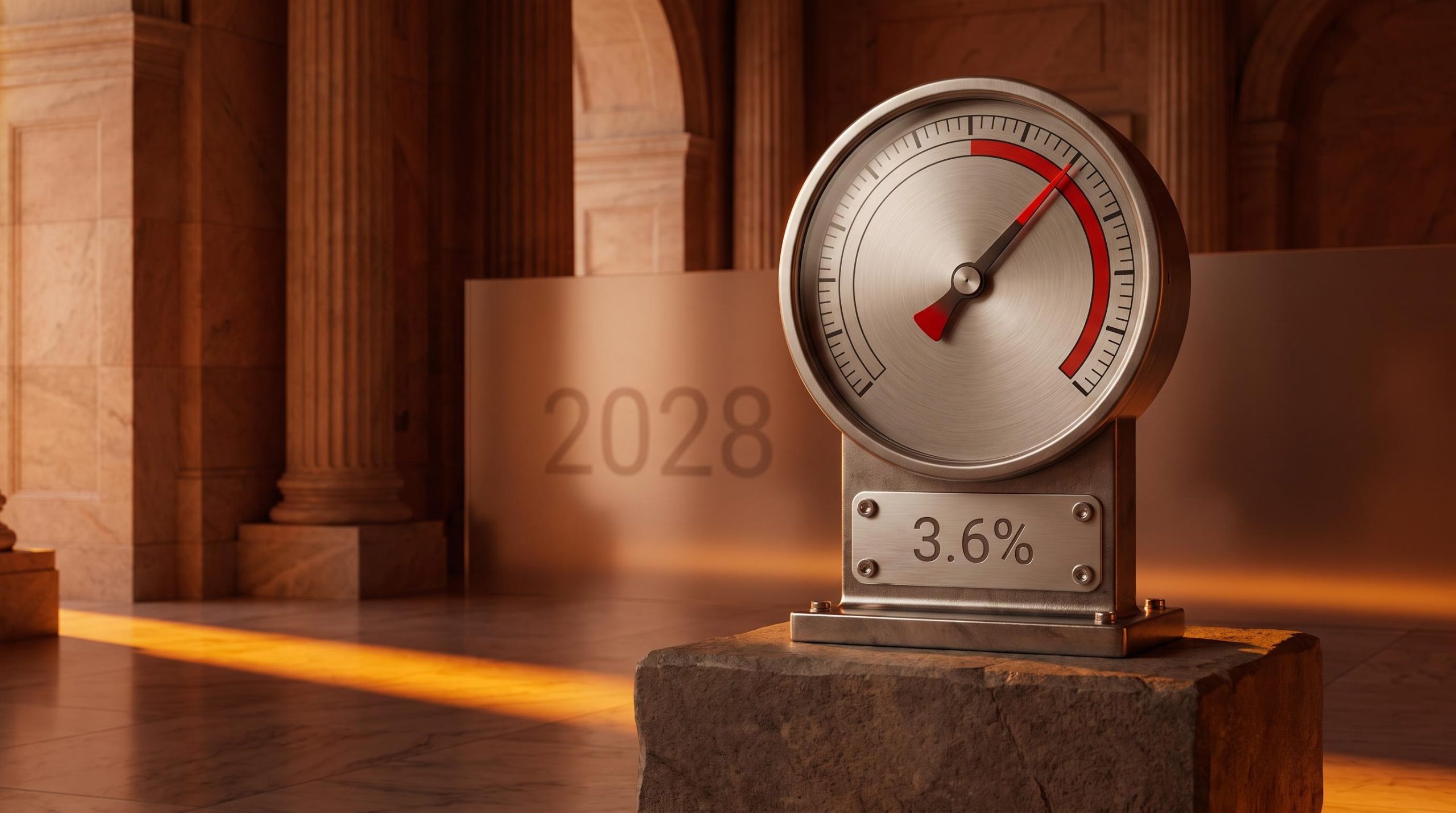 Fed inflation outlook: pressure gauge in amber marble chamber with 3.6% PCE reading signalling prolonged rate plateau