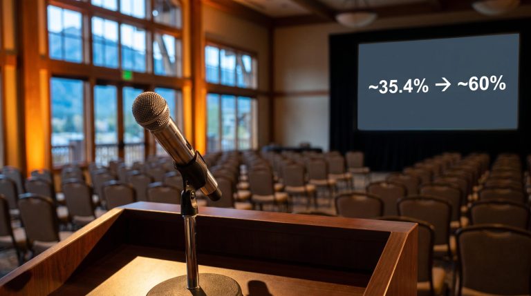 Empty Jackson Hole podium microphone with Fed rate hike probability shift from 35.4% to 60% on screen