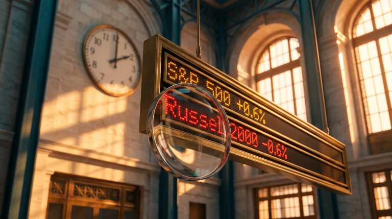 Ticker board showing Russell 2000 down 0.6% beneath a magnifying glass ahead of Fed minutes market analysis