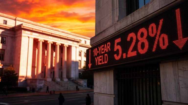 Red LED ticker showing 5.28% 10-year yield before the Federal Reserve building, capturing the Fed minutes market impact