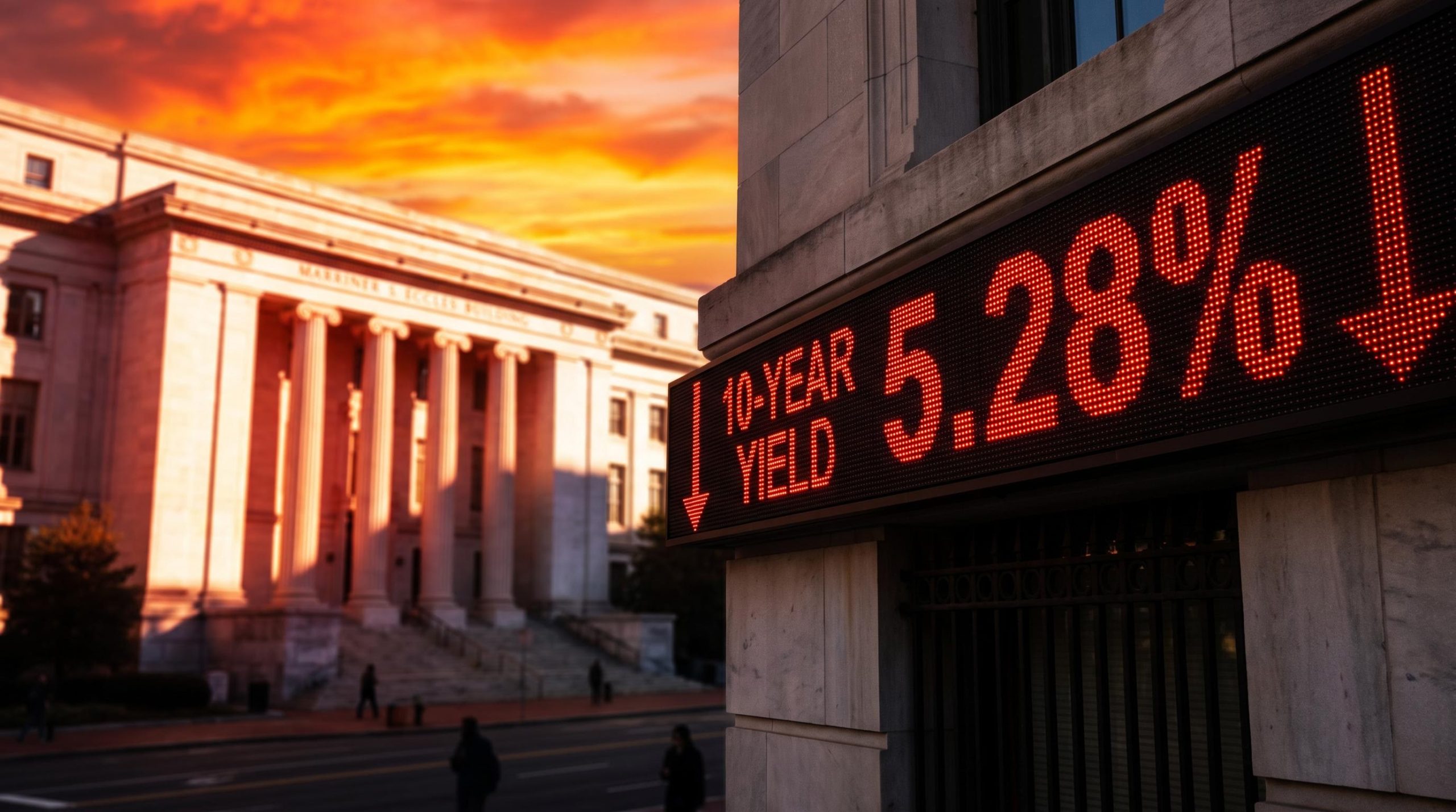 Red LED ticker showing 5.28% 10-year yield before the Federal Reserve building, capturing the Fed minutes market impact