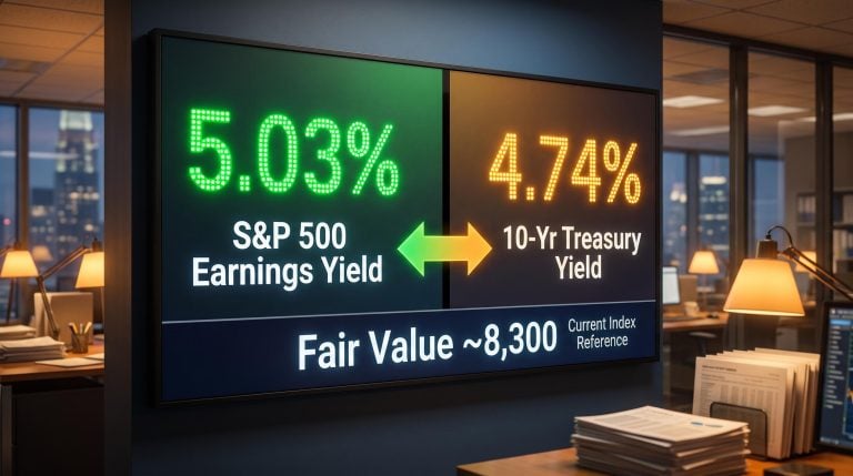 Fed Model split display showing S&P 500 earnings yield 5.03% vs 10-year Treasury 4.74% with fair value ~8,300