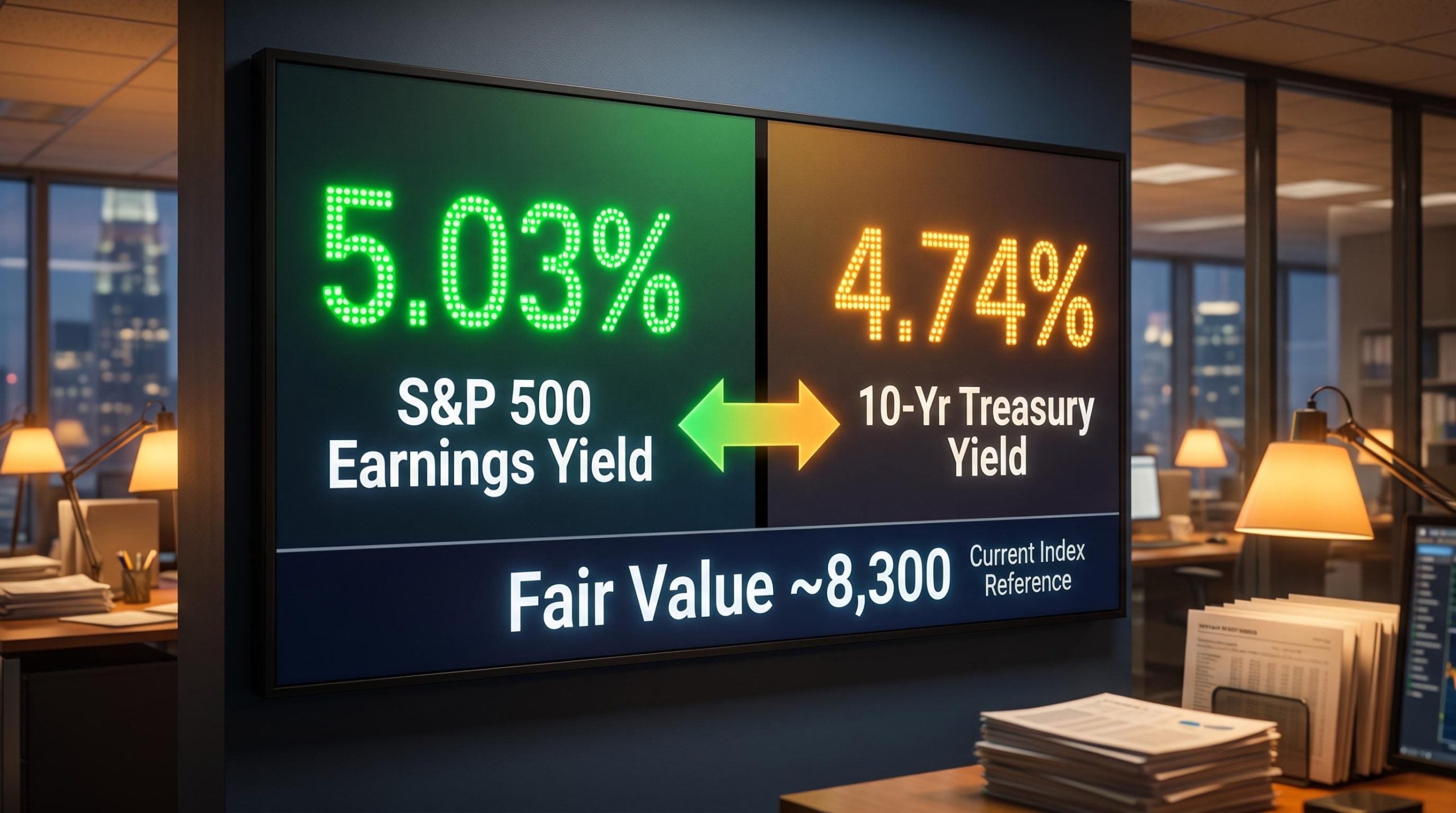 Fed Model split display showing S&P 500 earnings yield 5.03% vs 10-year Treasury 4.74% with fair value ~8,300
