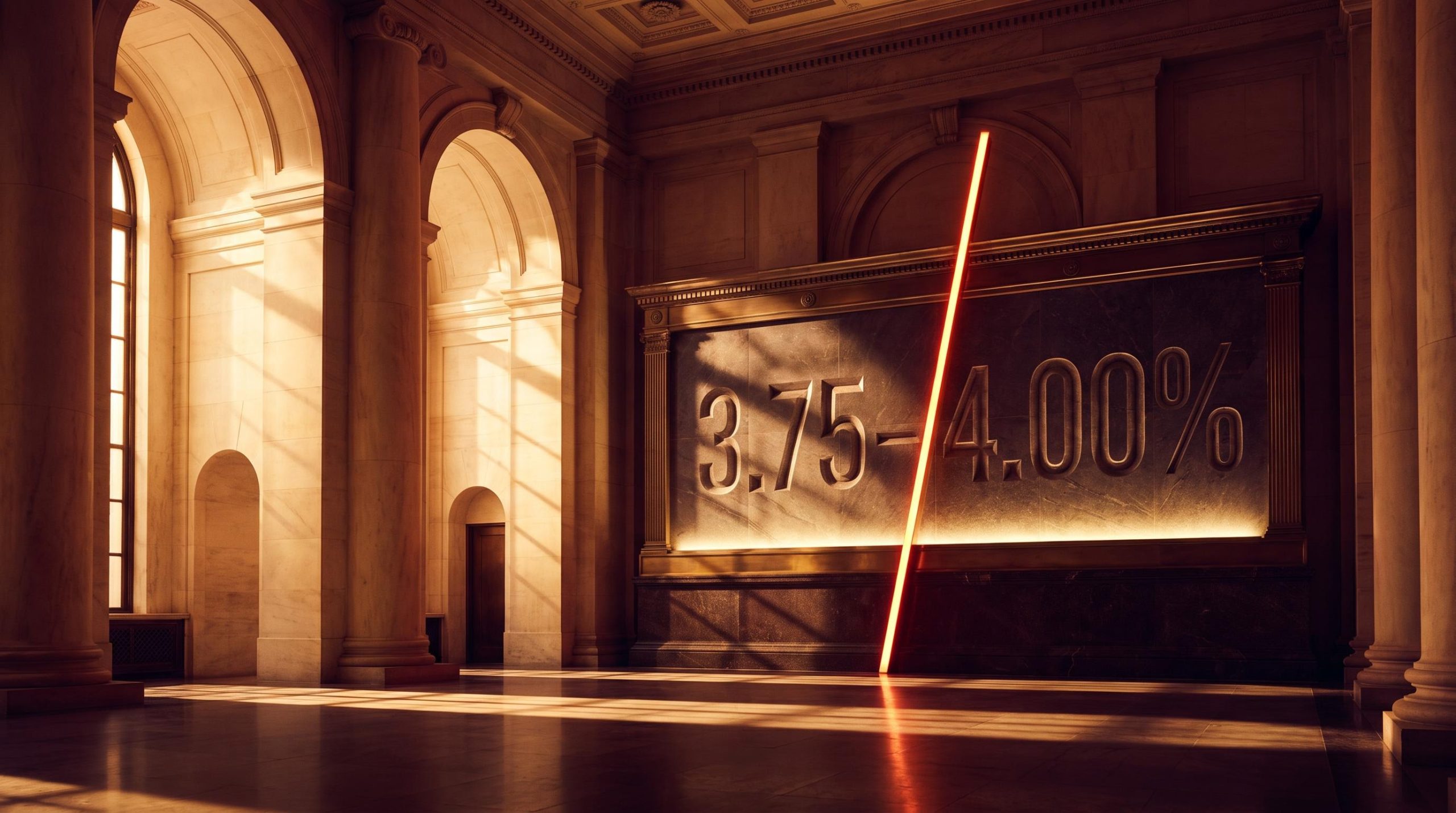 Federal Reserve rate board displaying 3.75–4.00% inside a marble chamber, symbolising the Fed monetary policy stance shift