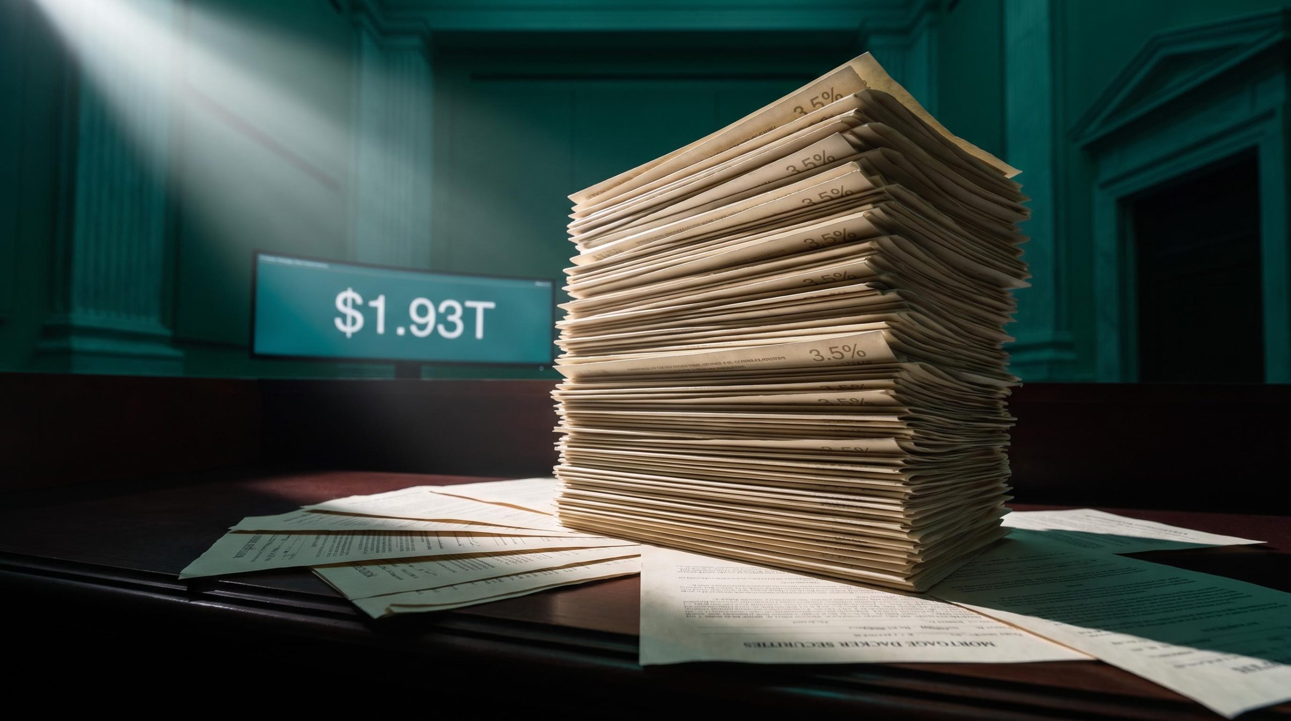 Fed's $1.93T mortgage-backed securities portfolio rendered as towering bond certificates in a teal institutional setting