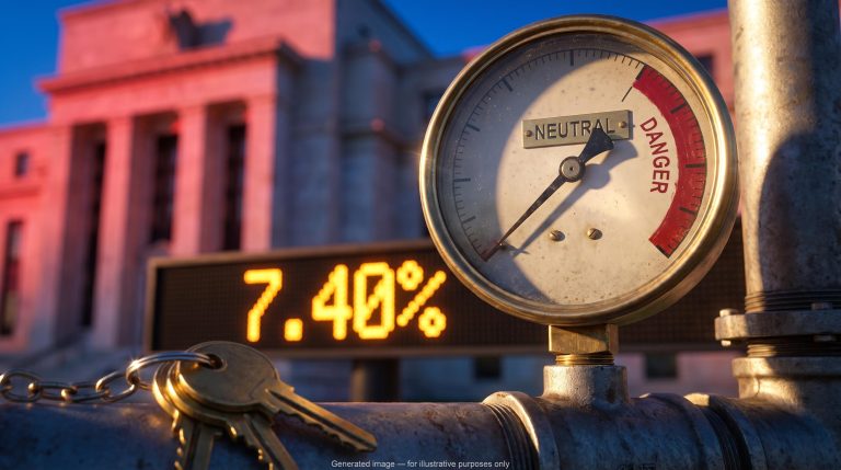 Pressure gauge needle past the neutral mark beside a 7.40% mortgage rate ticker, illustrating the Fed neutral rate debate