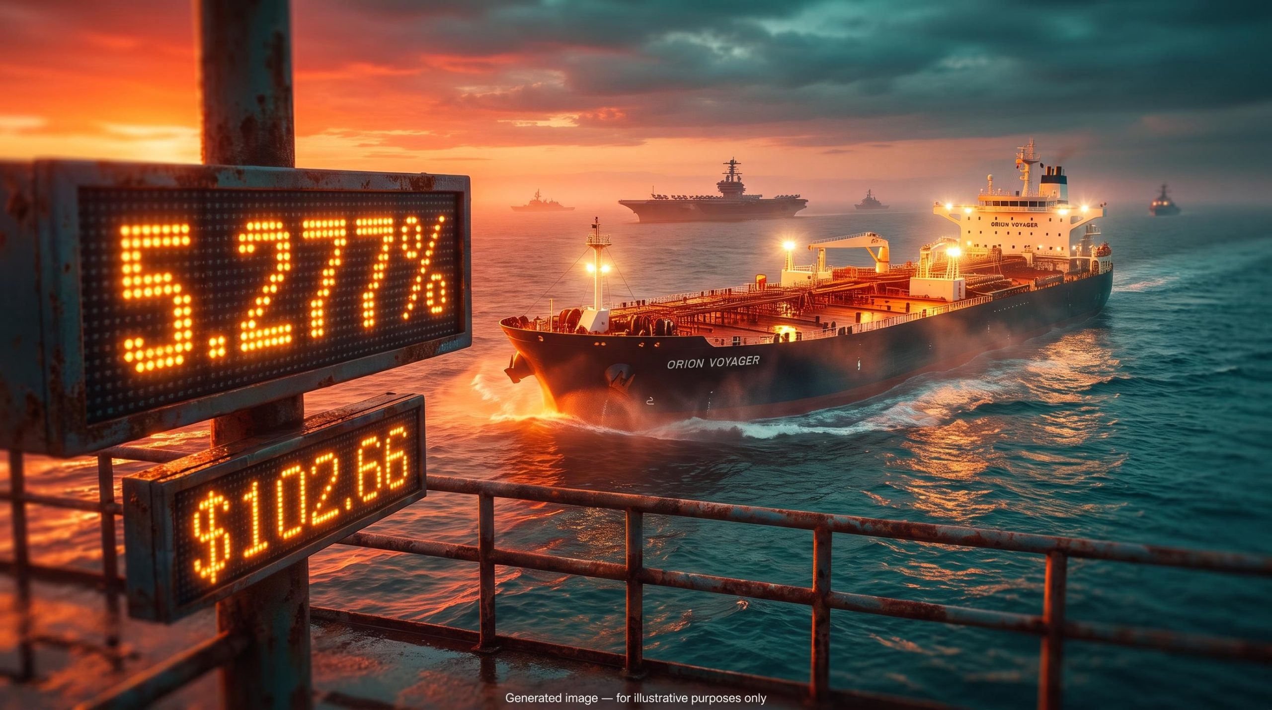 Oil tanker near Hormuz beside LED boards showing 5.277% yield and $102.66, illustrating Fed oil market drivers