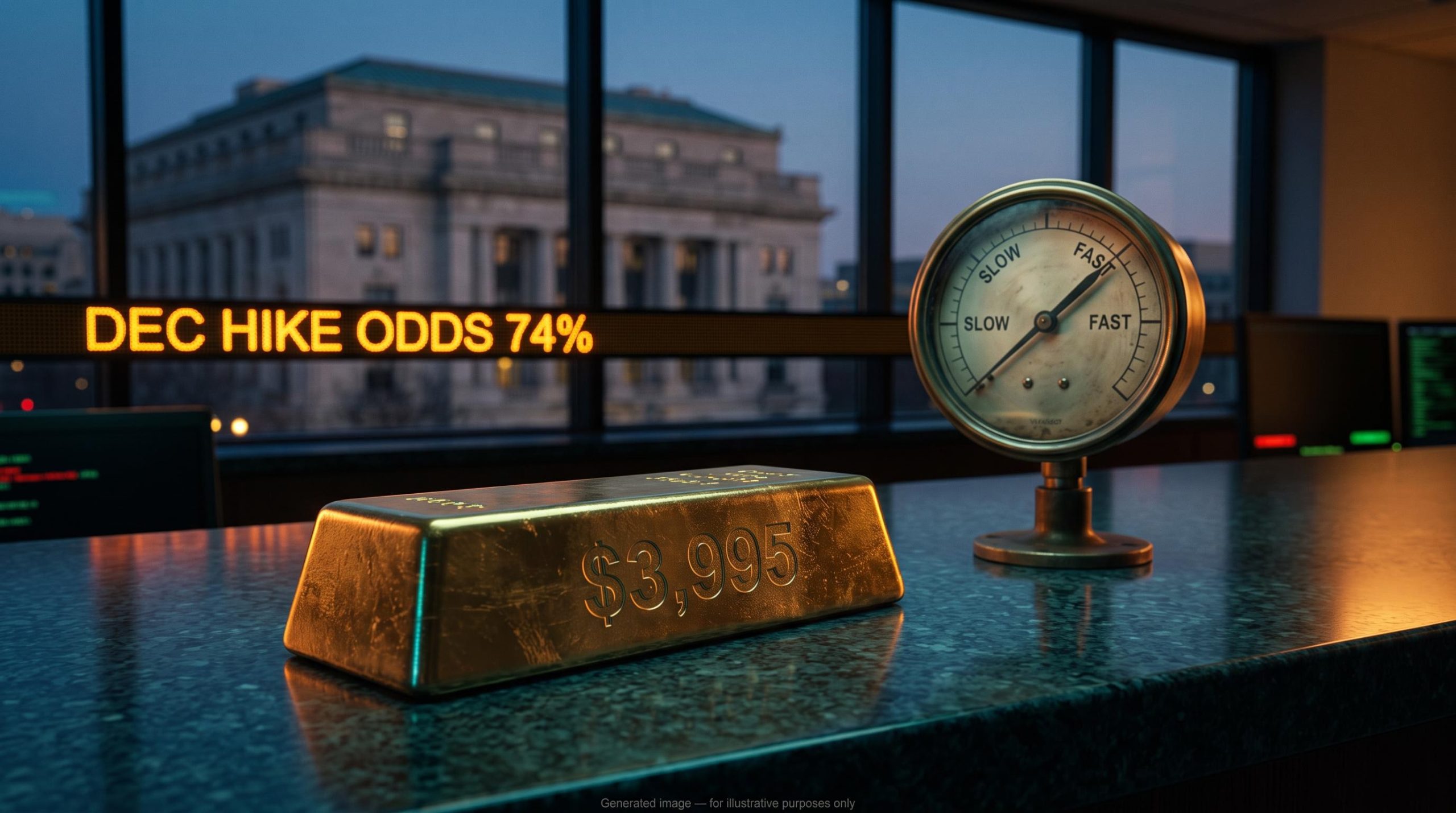 Gold bar stamped $3,995 beside a pace dial as Fed pace rate hikes and December hike odds of 74% weigh on gold