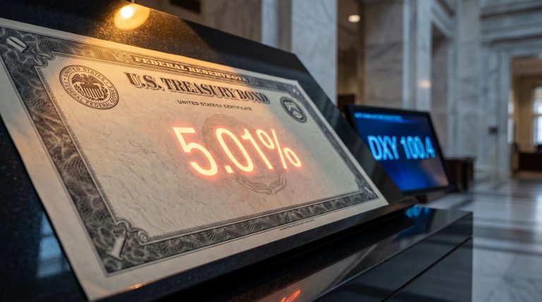 US 10-year Treasury yield at 5.01% projected onto bond certificate as Fed tightening regime analysis