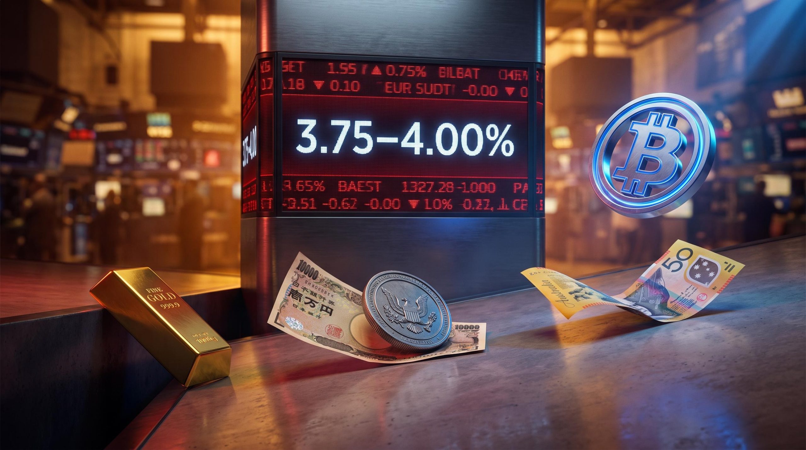 Fed rate at 3.75–4.00% dominates gold, yen and AUD while Bitcoin ETF inflows defy macro gravity
