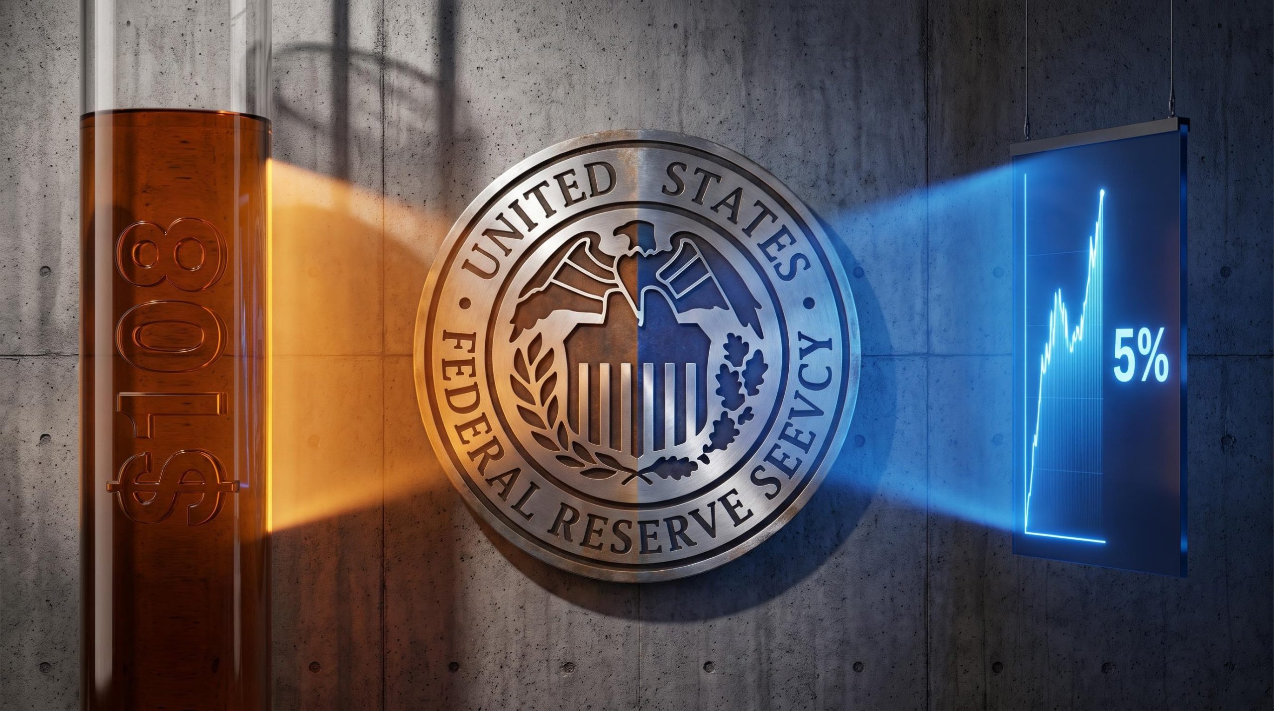 Federal Reserve seal split between $108 oil amber light and 5% Treasury yield cold blue — Fed policy dilemma visualised