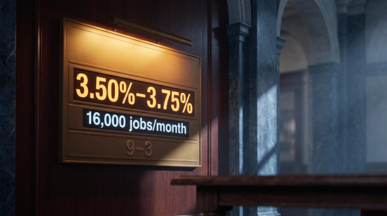 Fed rate board showing 3.50%–3.75% against revised 16,000 jobs/month, signalling potential Fed policy error