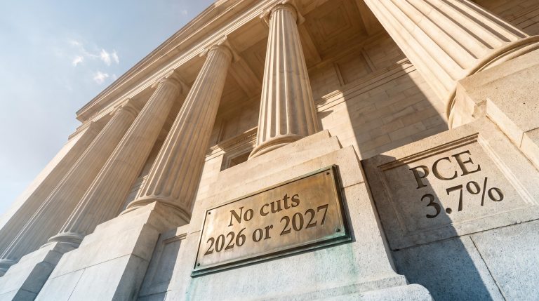 Federal Reserve building columns with "No cuts 2026 or 2027" and PCE 3.7% etched into stone, Fed rate cut delay