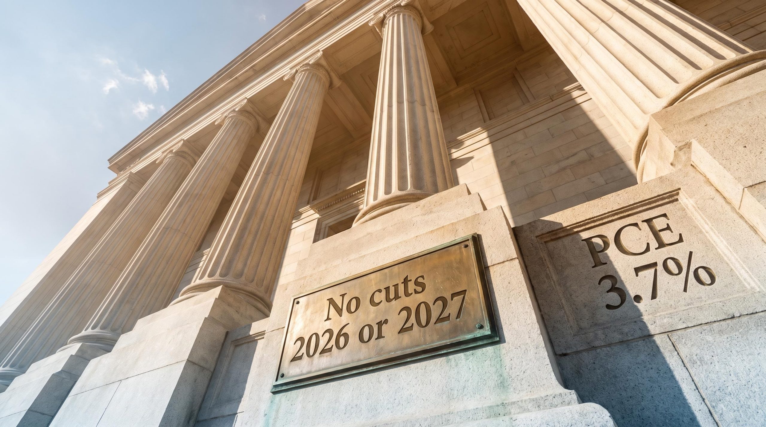 Federal Reserve building columns with "No cuts 2026 or 2027" and PCE 3.7% etched into stone, Fed rate cut delay