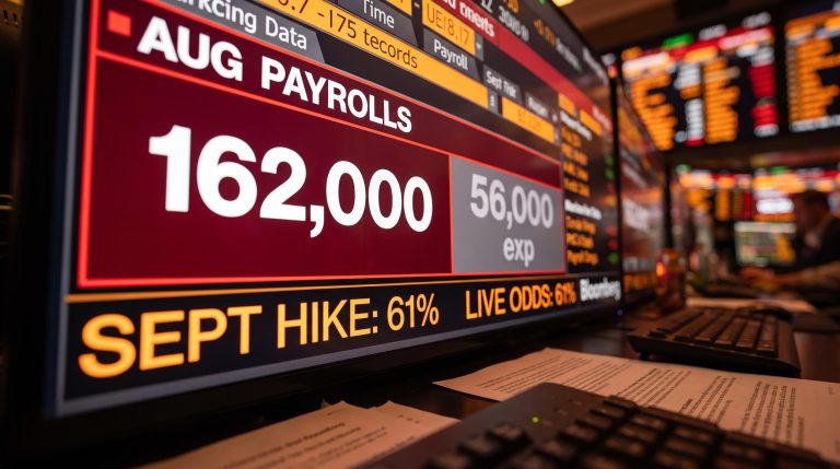 Bloomberg terminal screen showing 162,000 August payrolls vs 56,000 expected as Fed rate cut forecast shifts to 2027