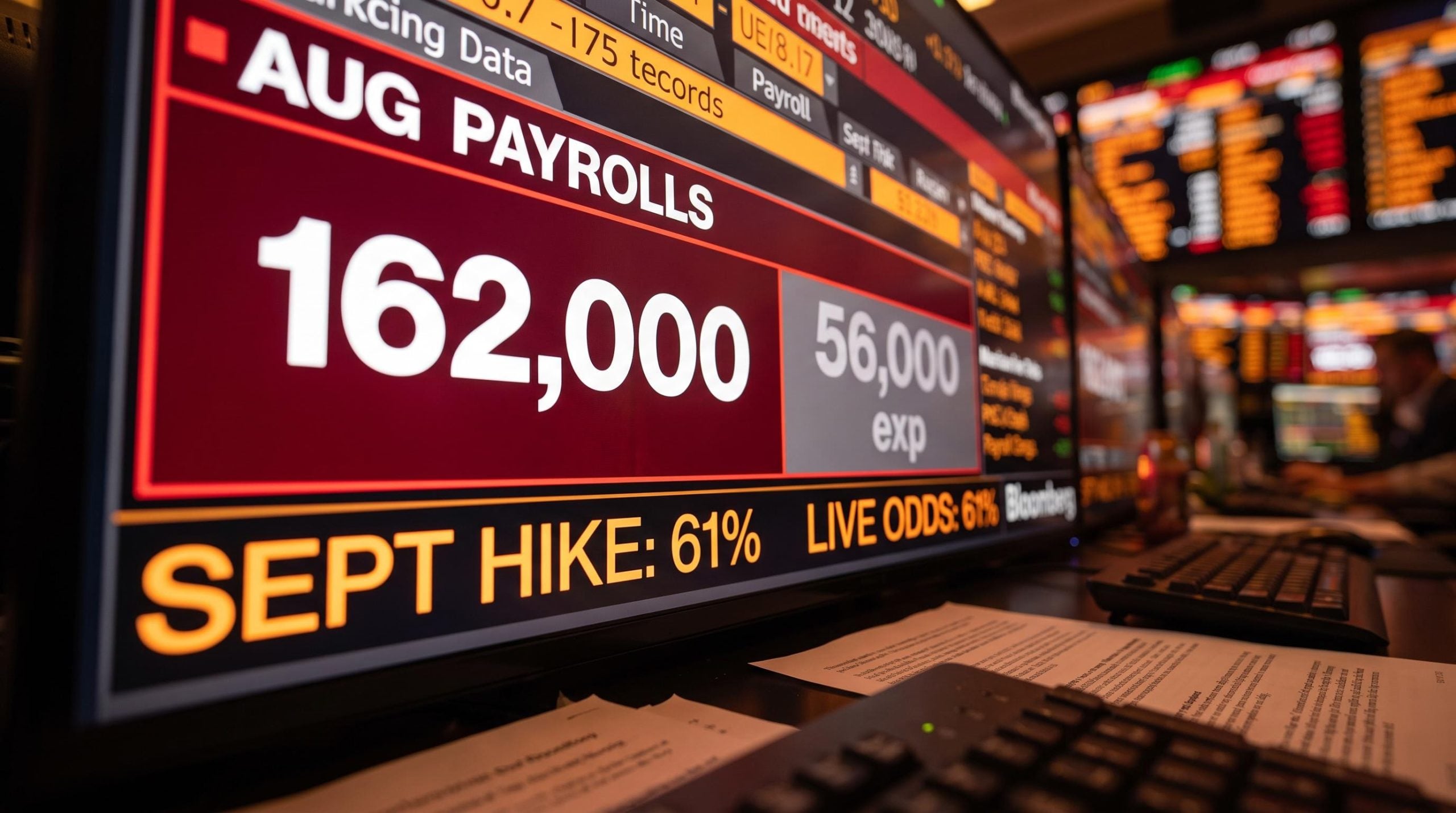 Bloomberg terminal screen showing 162,000 August payrolls vs 56,000 expected as Fed rate cut forecast shifts to 2027