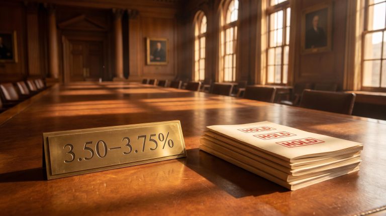 Federal Reserve boardroom table with "3.50–3.75%" rate placard and five HOLD-stamped agendas as Fed rate cuts stall