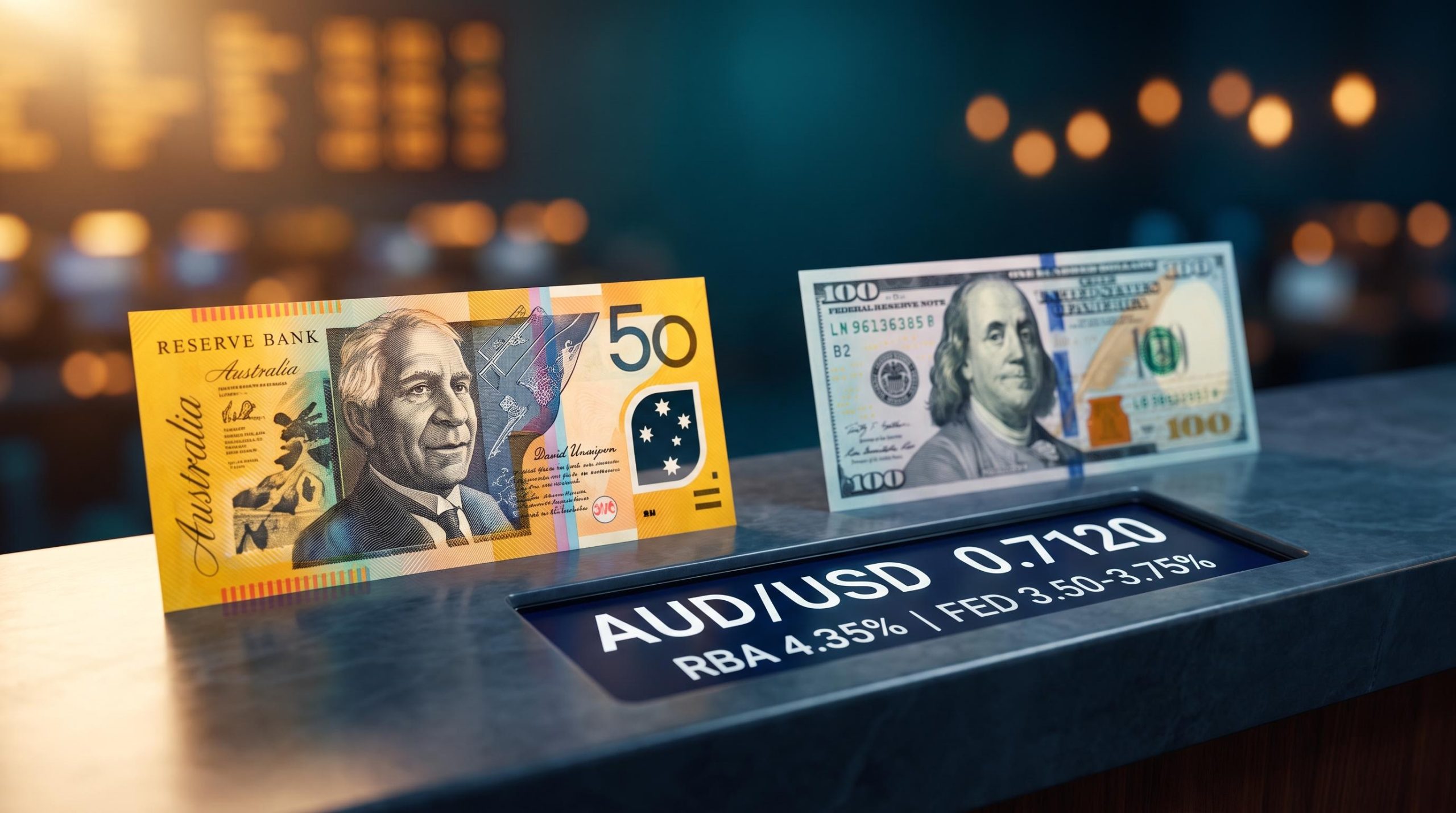 Australian and US currency notes flanking an AUD/USD rate display showing 0.7120 amid Fed rate decision analysis