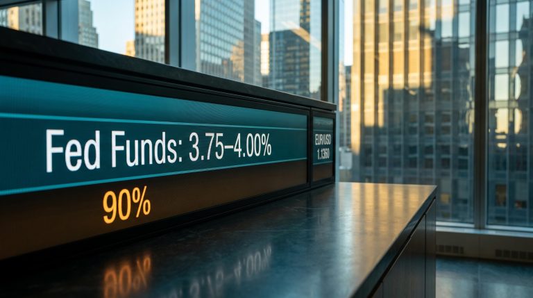Fed funds rate terminal showing 3.75–4.00% as EUR/USD sits at 1.1360, framed by Manhattan skyline