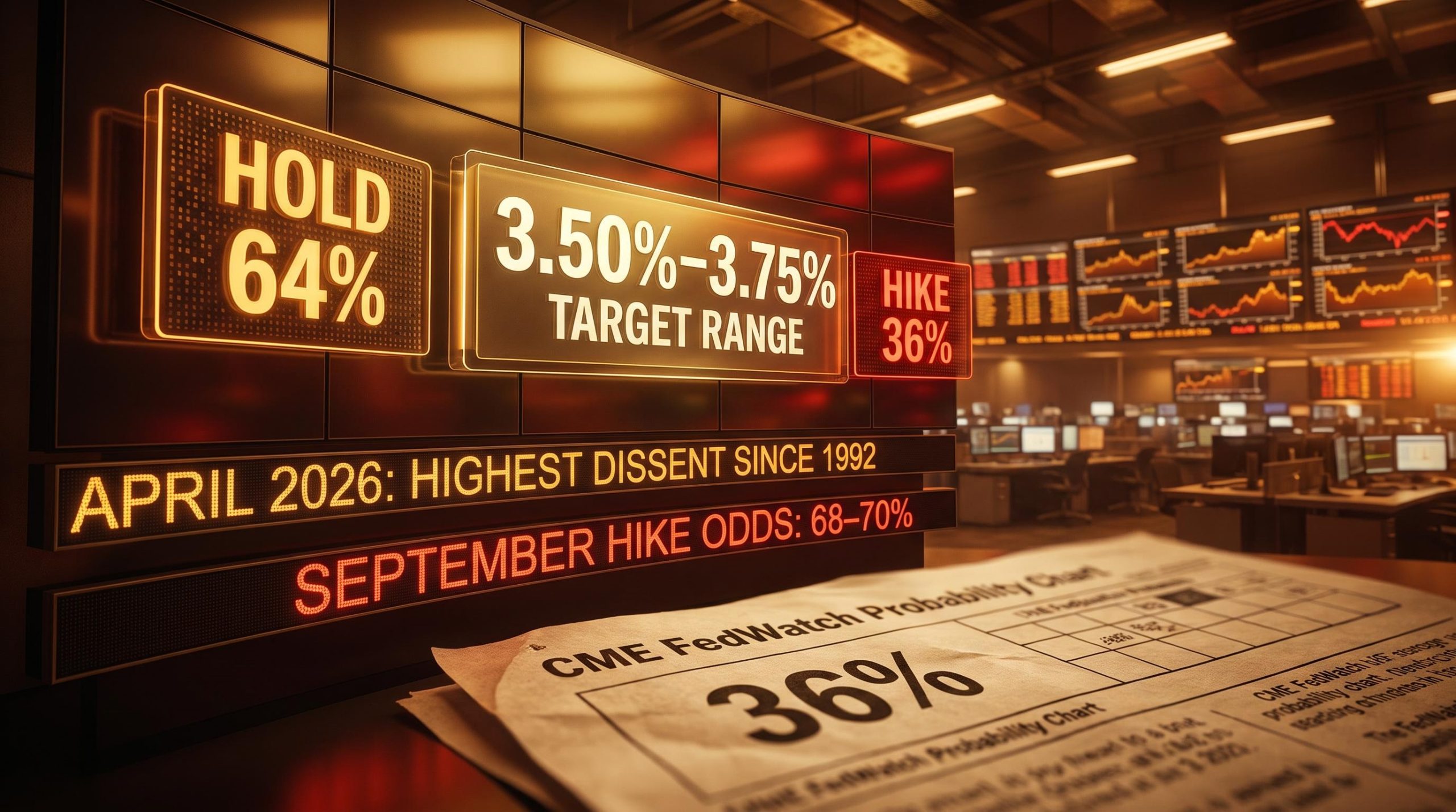 CME FedWatch screen showing 36% July hike odds and 3.50%–3.75% Fed rate target on a trading floor