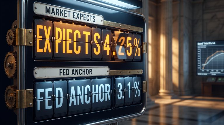 Fed rate decision split-flap board showing market-expected 4.25% versus Fed's 3.1% long-run anchor