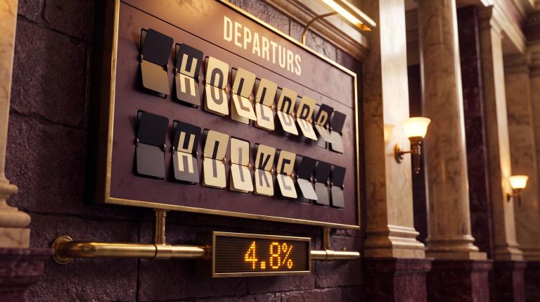 Split-flap board mid-flip between HOLD and HIKE with 4.8% yield displayed, Fed rate decision September 2026