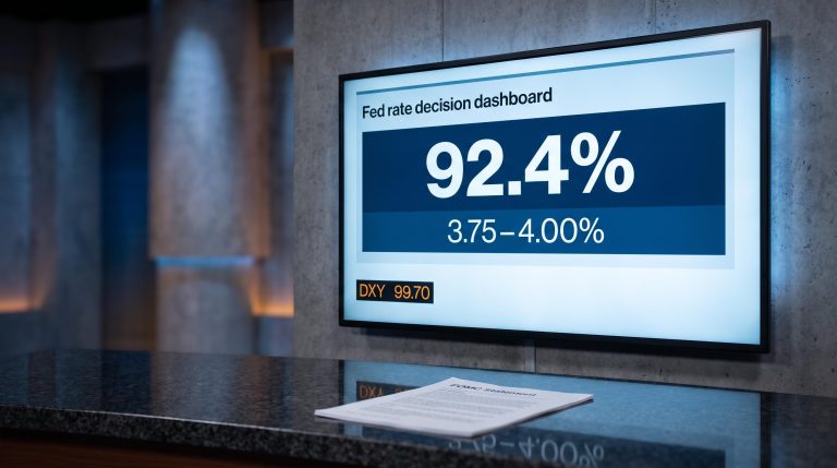 Fed rate decision monitor showing 92.4% hike probability and DXY at 99.70 ahead of Warsh press conference