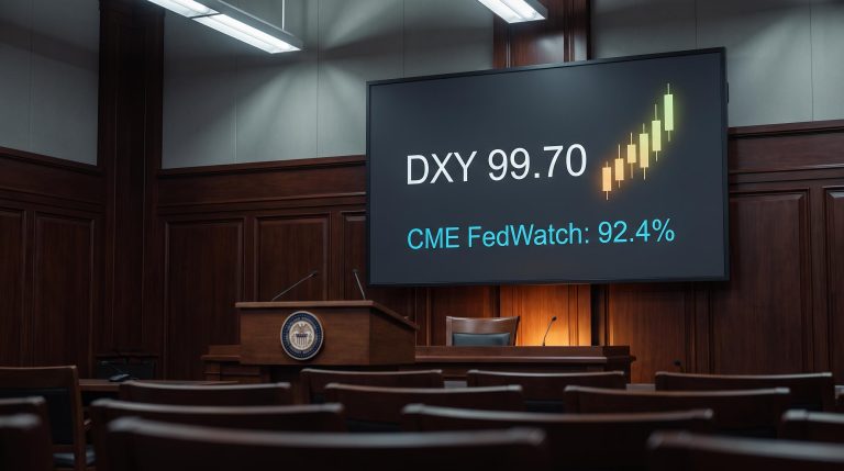 Empty Fed press briefing podium with DXY 99.70 and CME FedWatch 92.4% on screen ahead of rate decision