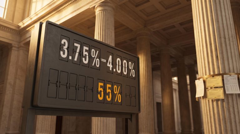 Federal Reserve rate board displaying 3.75%–4.00% and 55% hike probability inside a neoclassical Fed interior
