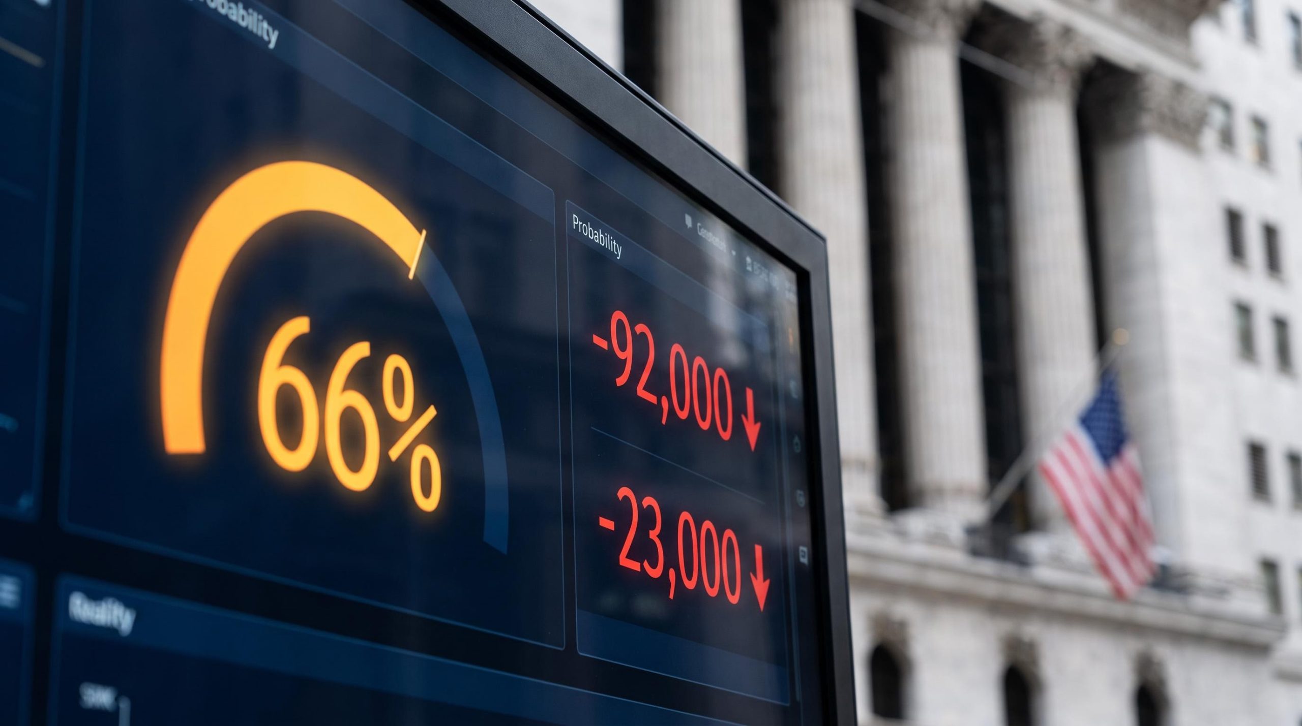 Trading terminal showing 66% Fed rate hike probability against negative payroll figures with Federal Reserve building behind