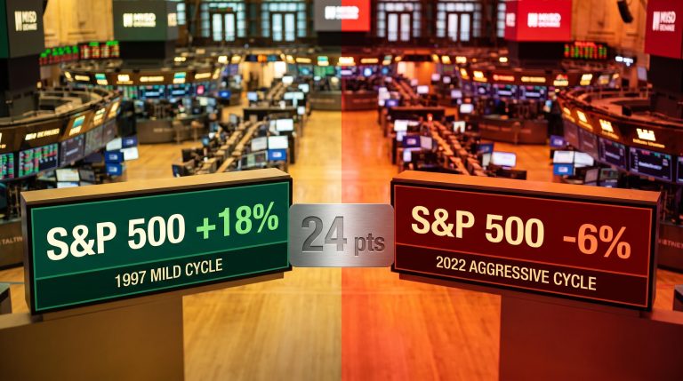 Split trading floor displays show S&P 500 +18% vs -6% outcomes across Fed rate hike cycles